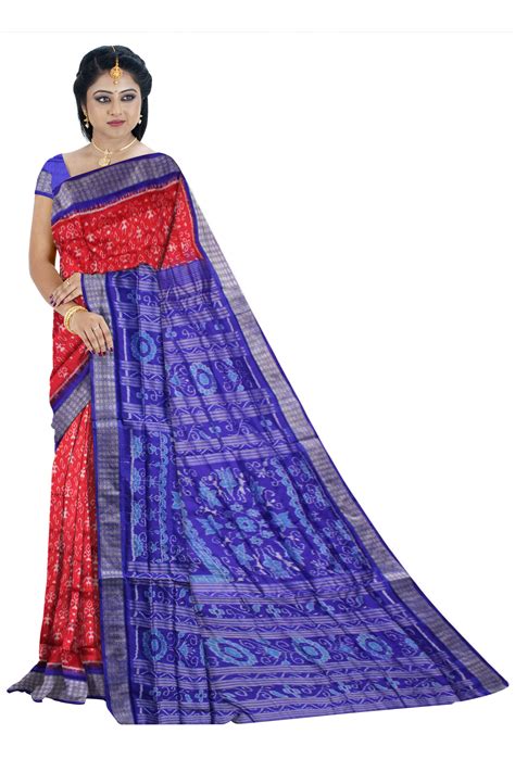 Red and Blue color small terracotta pattern pure silk saree.
