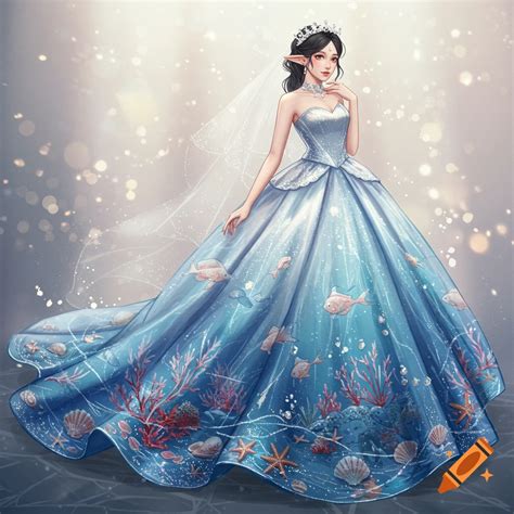 Anime girl in an elaborate blue wedding dress with an underwater ocean theme, featuring corals ...