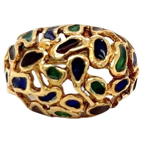 Vintage 1960's 18k Yellow Gold Red, Blue, and Green Enamel Dome ...