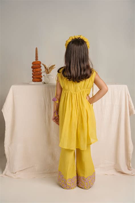 Girls yellow cotton chanderi hand embroidered jacket crop top and pants ...