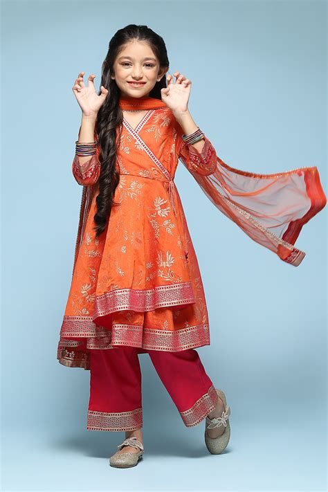 Buy Orange Polyester Front Open Printed Suit Set Online at Biba India