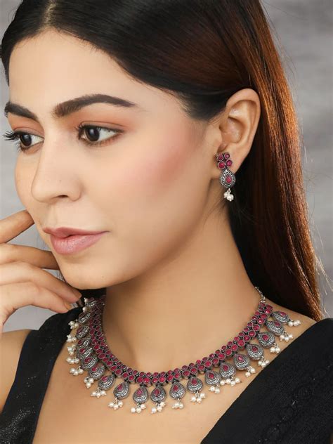Ruby Pearls Silver Plated Jewellery Set – Priyaasi