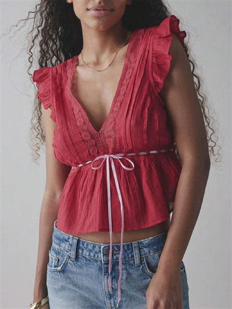 Women Summer Boho Tie Front Lace Trim Tank Tops Y2k Flowy Frilly ...