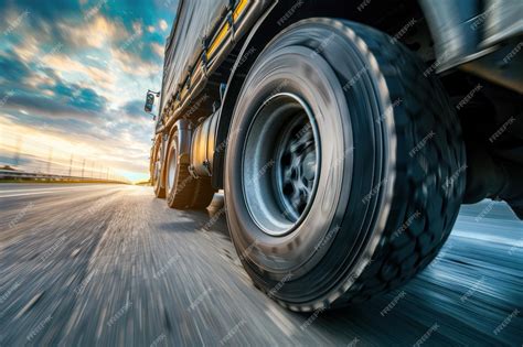 Premium Photo | Semi Trucks tire in fast motion Truck wheels on road