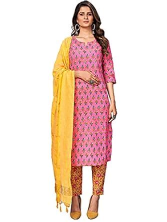 Vbuyz Women's Embroidered & Printed Straight Cotton Pink Kurta,Pant ...