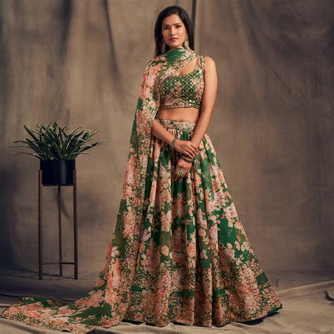 Green Partywear Floral Print With Sequin Zari Embroidered Organza ...