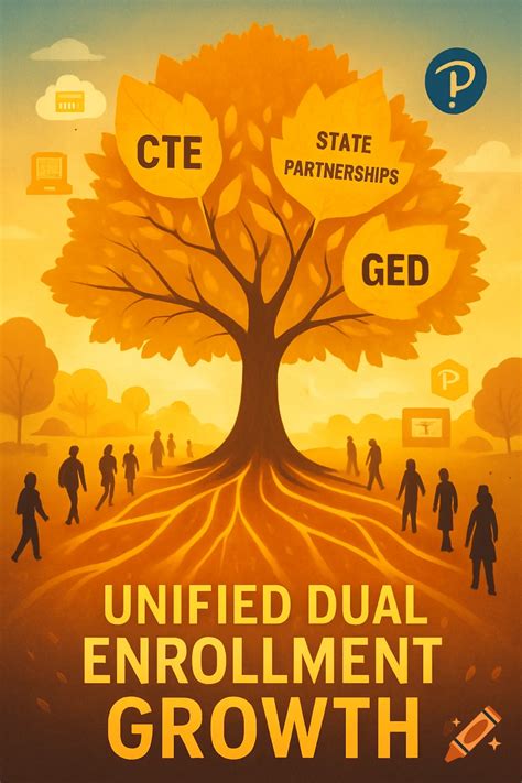 A stylized golden tree with leaves labeled CTE, STATE PARTNERSHIPS, GED ...