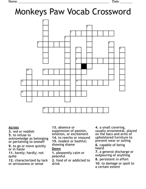 Monkeys Paw Vocab Crossword - WordMint