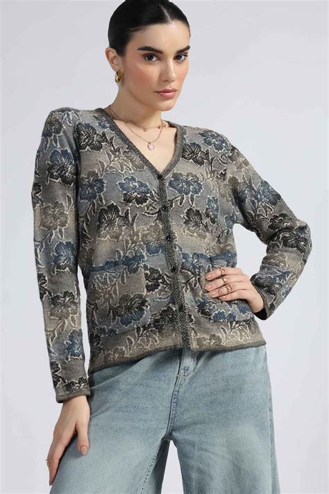 Buy FLORAL TRANSFERRED JACQUARD CARDIGAN Online in India