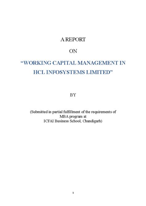 HCL MBA Project Report: Working Capital Management Analysis - Studocu