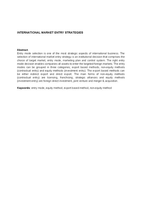 Entry modes - Summary Masters of Business Administration ...