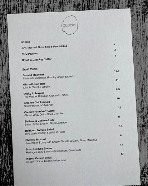 Menu at Embers restaurant, Brighton
