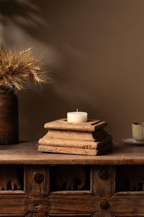 Vintage Wooden Pillar Candle Holder Design 3 | India – Tesu