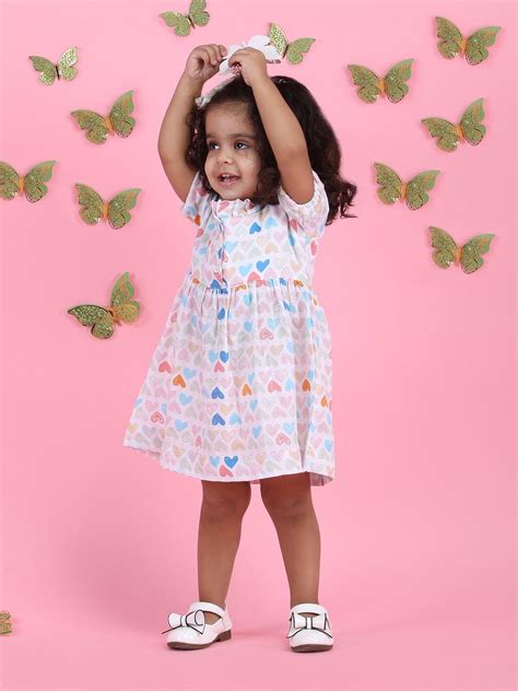 Polka Tots Halfsleeves Mini Hearts print frock with headband - Multico ...