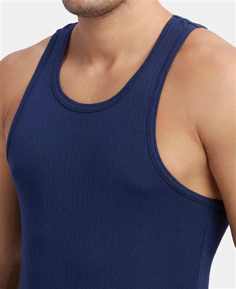 Buy Super Combed Cotton Rib Round Neck with Racerback Gym Vest - Navy ...
