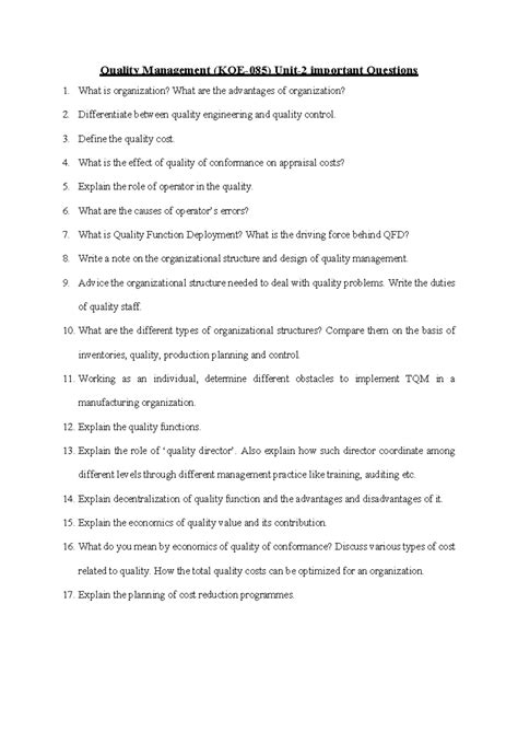 Quality Management Unit- 2 important Questions - Quality Management ...