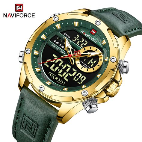 NAVIFORCE 9197L SGNGN Men Leather Watches Casual Fashion Waterproof Lcd ...
