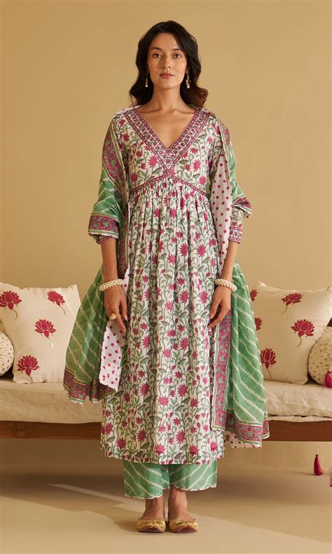 Malasa White Hand Block Printed V neck anarkali with Palazzo and Dupat ...