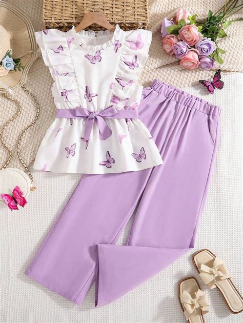Tween Girls Floral Print Top With Ruffle Collar & Contrast Color Pants ...