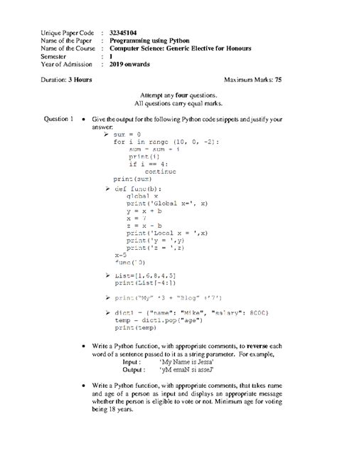 GE - Programming Using Python: Exam Questions & Solutions - Studocu