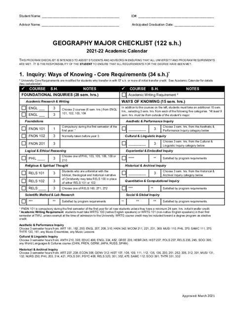 Fillable Online GEOGRAPHY MAJOR CHECKLIST (122 s.h.) 1. Inquiry Fax ...