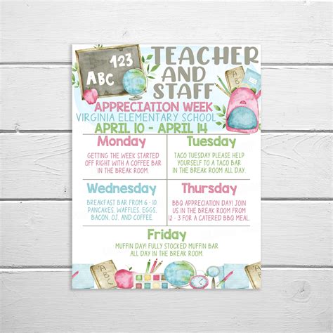 Teacher Appreciation Week Schedule Itinerary, Appreciation Week, Staff ...
