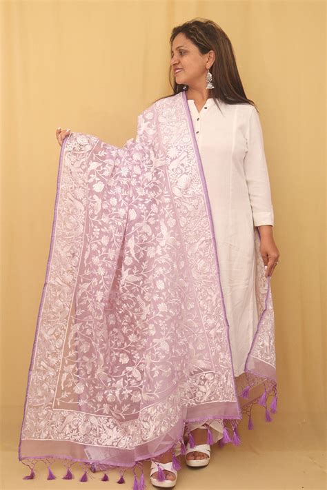 Parsi Organza Silk Dupatta: Elegant Purple Embroidery