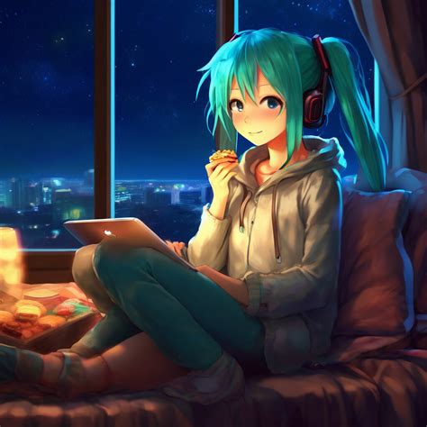 "Hatsune miku in full height, vocaloid, sitting on a cozy beds, in ...