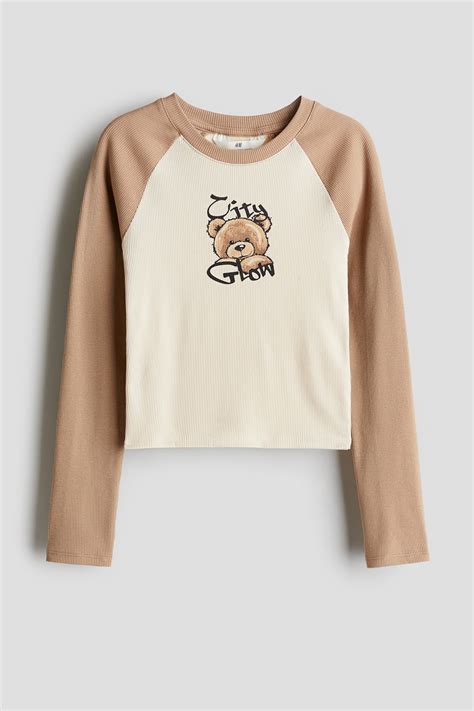 Ribbed cotton top - Beige/Teddy bear - Kids | H&M IN