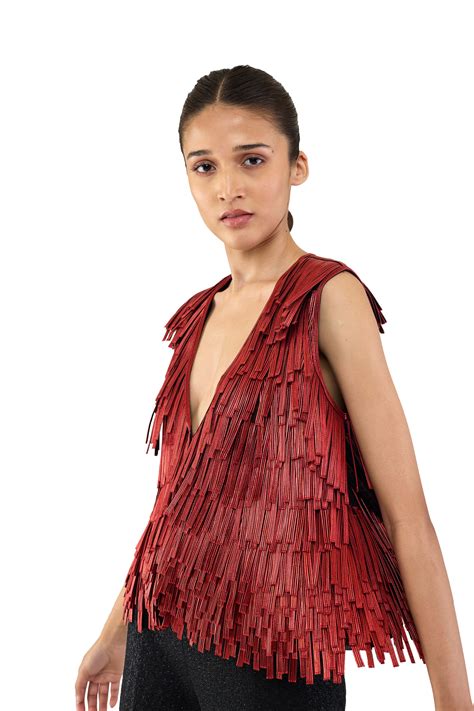RED METALLIC FRINGE GILET TOP – Rimzim Dadu