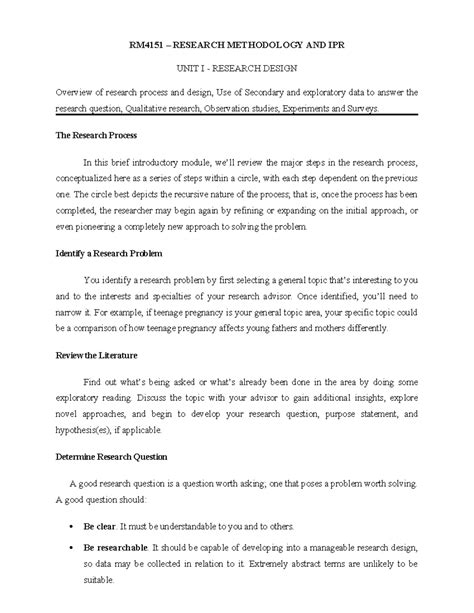 RM unit 1 complete notes - RM4151 – RESEARCH METHODOLOGY AND IPR UNIT I ...