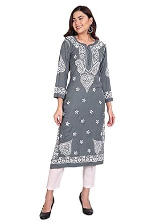 Buy indiankala4u Lucknow Chikankari Hand Embroidered Long Kurta for ...