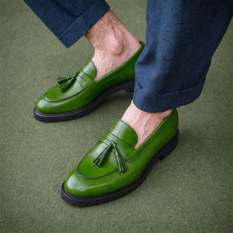 Green Leather Belize Chunky Tassel Loafers - With Track Soles - AW24 ...