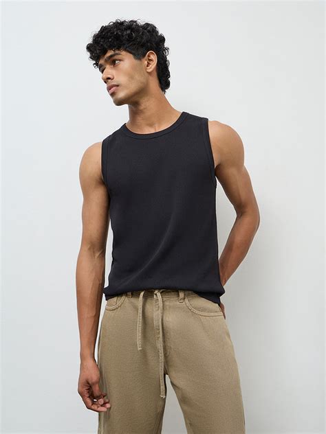 Buy Nuon Black Ribbed Slim-Fit Cotton-Blend T-Shirt from Westside