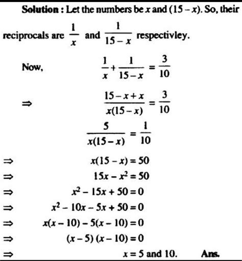 Find two parts of 15 such that the sum of their reciprocals 3/10 ...