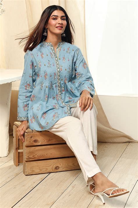 Buy Dull Blue Floral Cotton Shirt-Style Short Kurta Online at Biba India