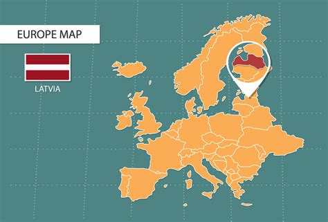 Latvia map in Europe zoom version, icons showing Latvia location and flags. 19476204 Vector Art ... - map of europe latvia