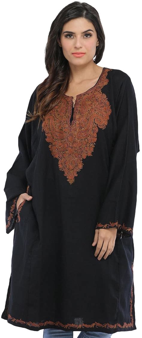 Exotic India Jet Black and Brown Kashmiri Phiran with Ari Hand ...