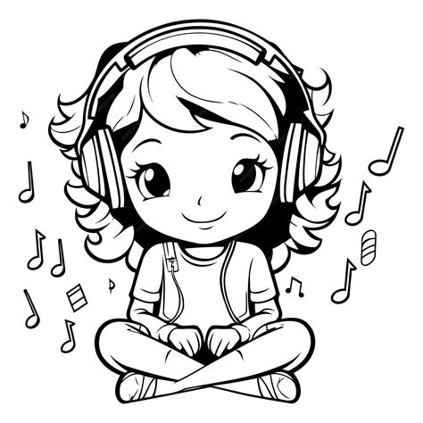 Menina de desenho animado bonita ouvindo música com fones de ouvido ...