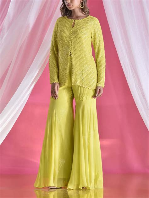 Buy Chartreuse Yellow Embroidered Jacket and Sharara Set Online ...