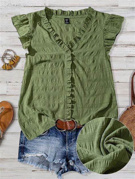 Joress Women Plus Size Plain Textured Fabric V-Neck Ruffle Trim Puff ...