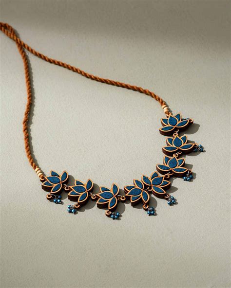 WHE Teal Lotus Upcycled Fabric and Repurposed Wood Statement Choker ...