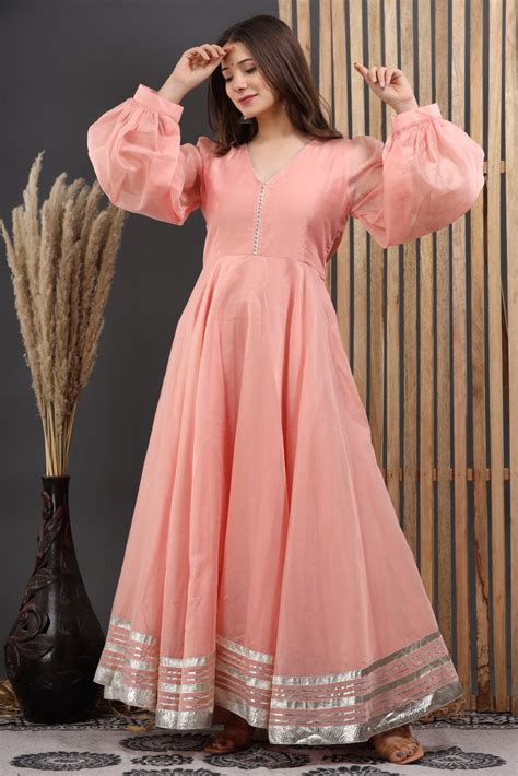 Peach Chanderi Dress with Gota Work – Jhambthreads