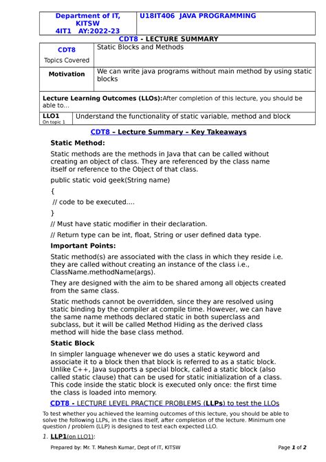 Java CDT8 Summary 4IT1 TMK - Department of IT, KITSW 4IT1 AY:2022 ...