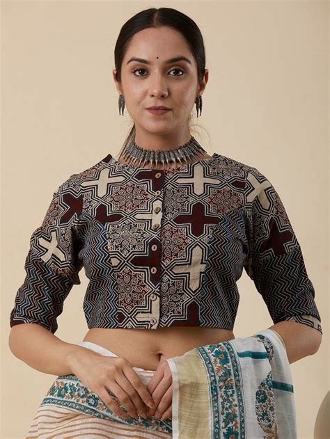 Buy Blue Ajrakh Printed Cotton Blouse | TWTMAY0722/TWT63MAY | The loom