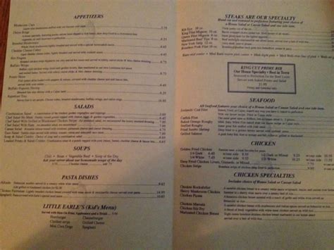 Menu at Hornet's Nest steakhouse, Evansville
