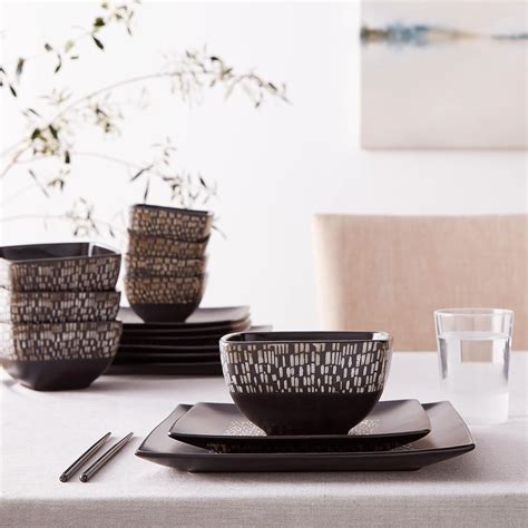 Buy Elama Square Stoneware Pattern Dinnerware Dish Set, 16 Piece, Matte ...