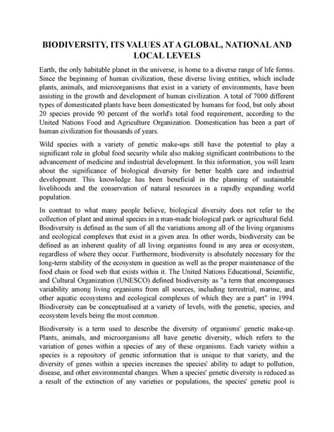 Biodiversity, ITS Values AT A Global, National AND Local Levels ...