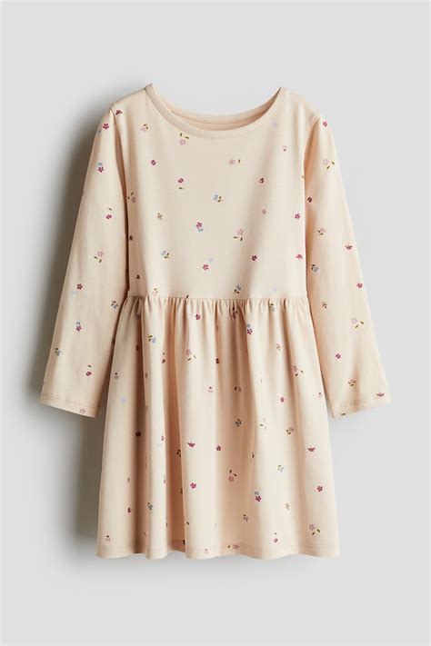 Beige/Floral Printed cotton dress for kids | H&M IN