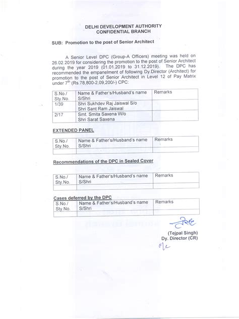 Promotion to the post of Senior Architect | DDA